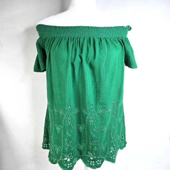 Old Navy Green Eyelet Lace Off Shoulder Linen Blend Top - Picture 3 of 9